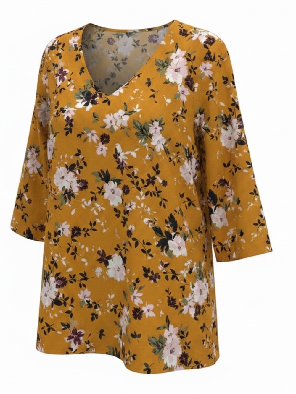 J Jill Mustard Floral V-Neck Women's Top w Bell Sleeves SZ Large EUC